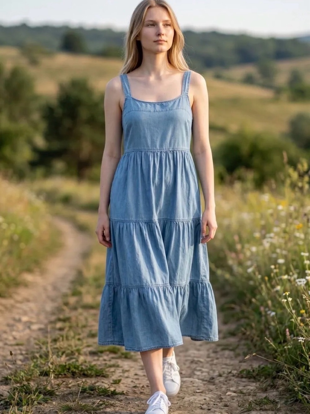 NWT The Drop Light Blue Denim Tiered Dress - Women Sz XS (can fit small)